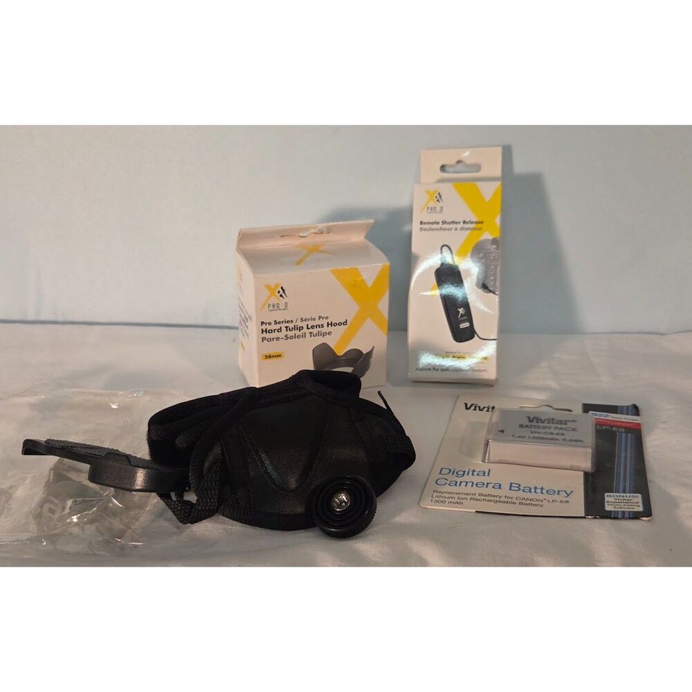 Camera Accessory Lot Vivitar LP-E8 Battery Remote Lens Hood Case